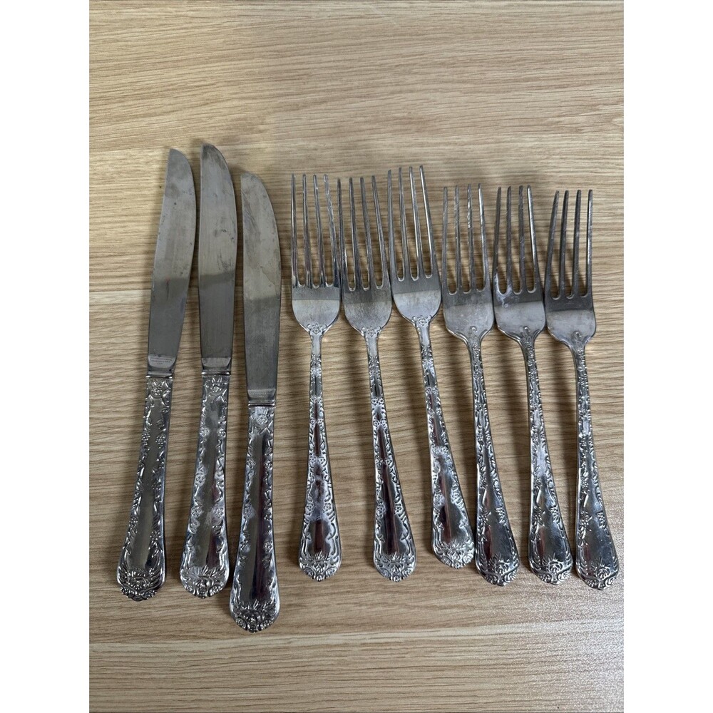 Wm Rogers Son Enchanted Rose Flatware 9 Piece Lot Silverplate Forks Knives